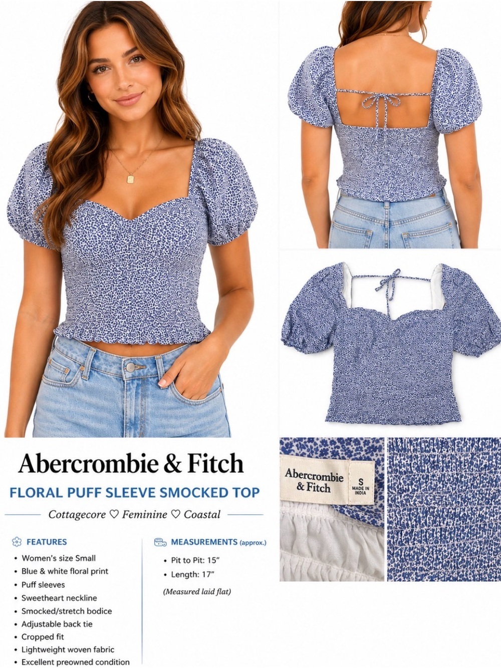 Abercrombie & Fitch Floral Puff Sleeve Smocked Cottagecore Top S